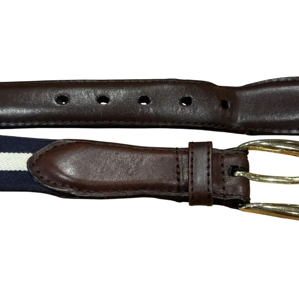 Men's Classic Stripe Navy Off-white Leather Ribbon Club Belt 42